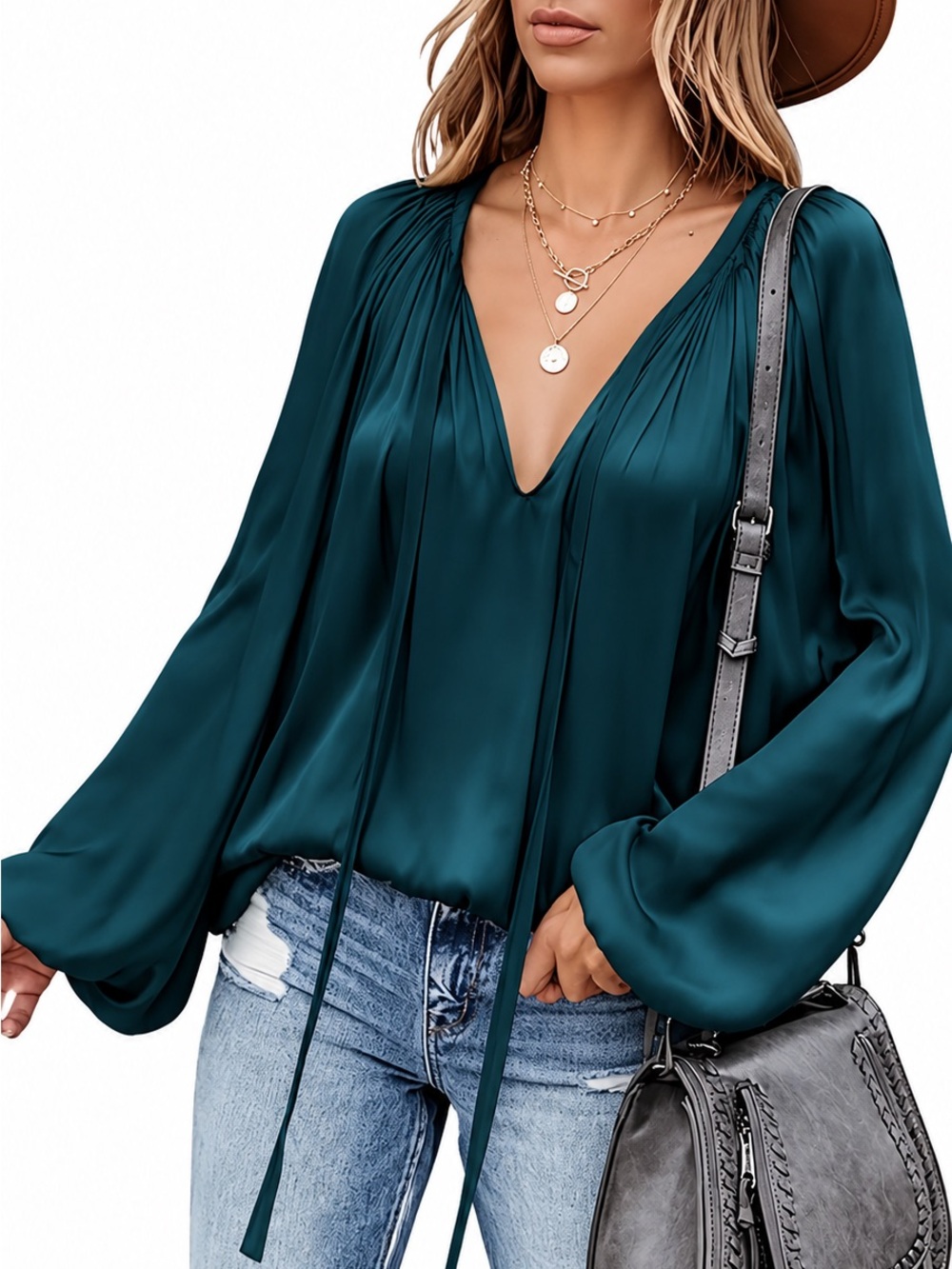 Women's Teal Satin V Neck Tie Neck Lantern Sleeve Blouse Size Medium NEW